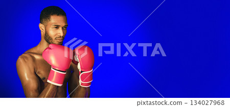 Boxing Sport. Shirtless Professional Boxer Standing In Ready-To-Fight Position, Wearing Gloves On Blue Background. Studio Shot, Copy Space Boxing Sport. Shirtless Professional Boxer Standing In Ready-To-Fight Position, Wearing Gloves On Blue Background. Studio Shot, Copy Space 134027968