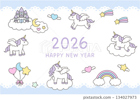 2026年年新年賀卡模板。獨角獸、白馬、可愛、向量圖 134027973
