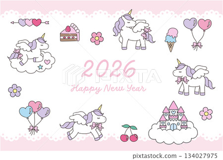 2026年年新年賀卡模板。獨角獸、白馬、可愛、向量圖 2026年年新年賀卡模板。獨角獸、白馬、可愛、向量圖 134027975