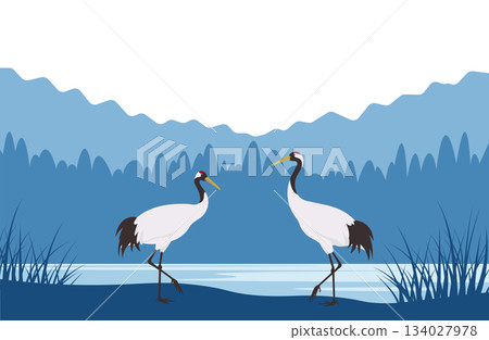 Red-crowned crane in the wetlands_Japanese modern New Year's greeting illustration 134027978