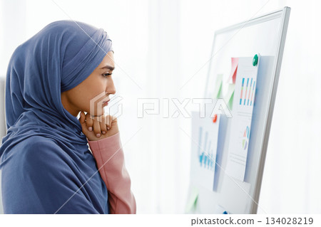 Concerned muslim business lady watching infographics at flip chart in office with pensive face expression, unhappy with company performance, side view 134028219
