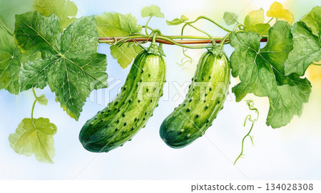 Cucumber hanging vegetable watercolor painting. 134028308
