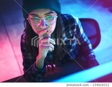 Cyber security, focus and woman hacker working on a computer in the basement at night for phishing. Database, password and ransomware with a female coder hacking a digital transformation network Cyber security, focus and woman hacker working on a computer in the basement at night for phishing. Database, password and ransomware with a female coder hacking a digital transformation network 134028312