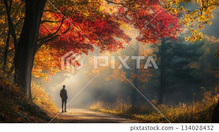 A person stands on a winding path surrounded by brilliant autumn foliage, as morning light filters through the trees, creating a serene atmosphere filled with warm colors of nature. 134028432