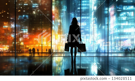 A lone woman stands in front of a large window. She is facing the city and holding shopping bags. There are several figures visible in the windows reflection. 134028511