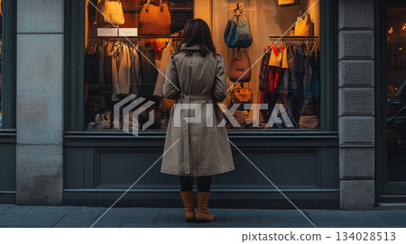 A woman stands in front of a boutique window, admiring the varied clothing and accessories on display. 134028513