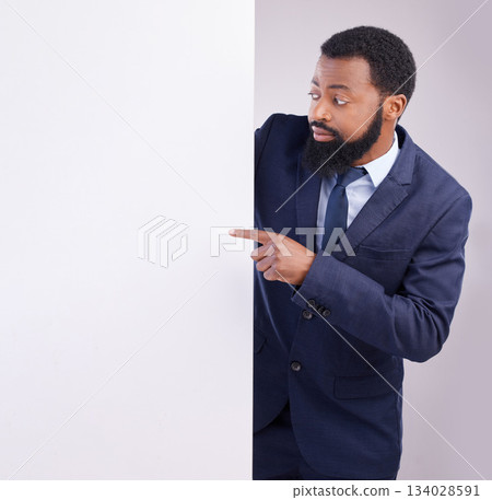 Business, black man and pointing to board in white background, studio or mockup information space. Corporate worker, model and advertising poster, marketing news sign or brand on blank mock up banner 134028591