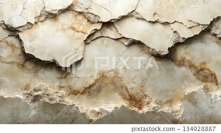 The shot captures a detailed view of a cracked stone wall, showcasing intricate patterns and mineral streaks. The natural textures and hues create an earthy, rustic appearance. 134028887