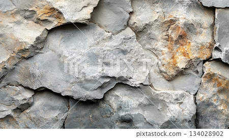 A close-up view reveals a rugged stone wall featuring various textures and hues, emphasizing its natural, organic quality 134028902