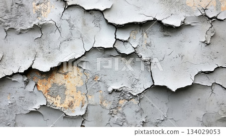 The surface of a gray wall displays significant wear with cracks and areas of peeling paint, highlighting the impact of weather and time on the structure. 134029053