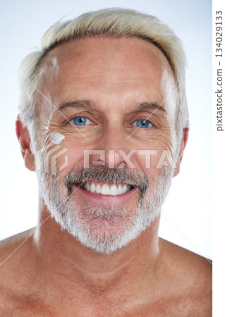 Old man, cream and portrait, face with skincare and beauty, hygiene with grooming on studio background. Lotion, moisturizer and dermatology, anti aging cosmetic care and senior male and smile Old man, cream and portrait, face with skincare and beauty, hygiene with grooming on studio background. Lotion, moisturizer and dermatology, anti aging cosmetic care and senior male and smile 134029133