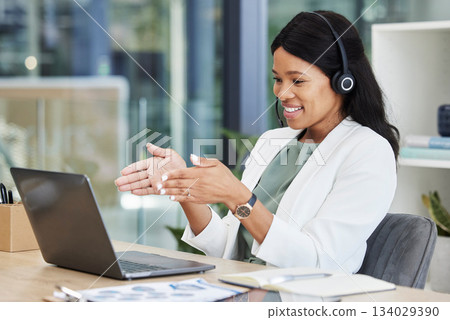 Video call center of black woman, agent or consultant in office online meeting, virtual communication or telecom on laptop. Business worker or happy person consulting, speaking or advice on computer Video call center of black woman, agent or consultant in office online meeting, virtual communication or telecom on laptop. Business worker or happy person consulting, speaking or advice on computer 134029390