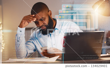Stress, hologram and black man with phone error with 404 issue, online glitch and network problem. Digital overlay, business and male worker confused for spam notification, cyber security and hacker 134029401