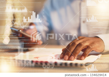 Businessman, phone and hands in analytics at night for corporate chart, graph or statistics on dashboard at office. Hand of man working late on mobile smartphone and company analysis on data overlay Businessman, phone and hands in analytics at night for corporate chart, graph or statistics on dashboard at office. Hand of man working late on mobile smartphone and company analysis on data overlay 134029414