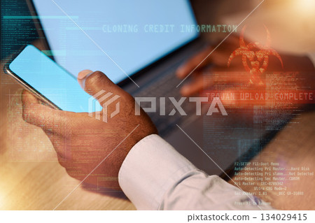 Man, laptop and hands with phone in cyber attack, trojan virus or cybersecurity at night on mockup screen. Hand of male hacker working late on smartphone or computer display for internet fraud or app Man, laptop and hands with phone in cyber attack, trojan virus or cybersecurity at night on mockup screen. Hand of male hacker working late on smartphone or computer display for internet fraud or app 134029415