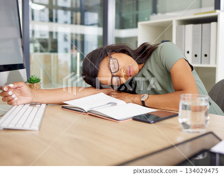 Tired woman sleeping on her desk with office depression, burnout and mental health risk for project deadline or overworked. Business African person, worker or employee sleep, fatigue and low energy Tired woman sleeping on her desk with office depression, burnout and mental health risk for project deadline or overworked. Business African person, worker or employee sleep, fatigue and low energy 134029475