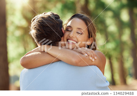 Love, happy and forest couple hug on outdoor quality time together, hiking adventure or woods bonding journey. Peace, freedom and wilderness woman, man or romantic people embrace on nature date Love, happy and forest couple hug on outdoor quality time together, hiking adventure or woods bonding journey. Peace, freedom and wilderness woman, man or romantic people embrace on nature date 134029488