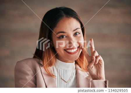 Happy woman, face and portrait smile with peace sign in joy for business career, job or fun occupation on mockup. Beautiful female smiling with hand sign, emoji or peaceful symbol on copy space 134029505
