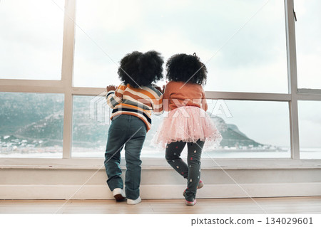 Window, looking and back of children with view of ocean, mountain and nature landscape from home. Childhood, relax and kids by glass waiting to play outdoors by sea on holiday, vacation and weekend Window, looking and back of children with view of ocean, mountain and nature landscape from home. Childhood, relax and kids by glass waiting to play outdoors by sea on holiday, vacation and weekend 134029601
