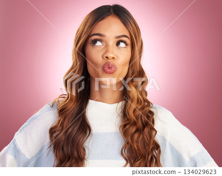 Kiss mouth, face and studio with a woman with kissing, love and emoji expression feeling silly. Playful, fun and isolated pink background with copy space of a female model with a funny humor and joke Kiss mouth, face and studio with a woman with kissing, love and emoji expression feeling silly. Playful, fun and isolated pink background with copy space of a female model with a funny humor and joke 134029623