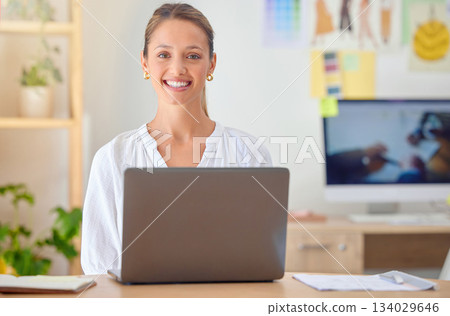 Office, happy woman portrait and laptop of a fashion designer and stylist with a smile. Website, digital ecommerce analytics and design research of a young person working on style business app 134029646