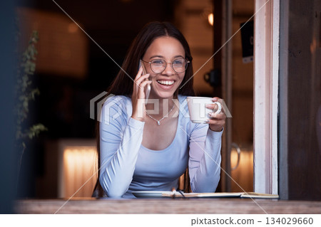 Phone call communication, laugh and coffee shop woman listen to funny joke from digital contact. Comedy humor, conversation or happy person talking, speaking or chat in restaurant, shop or cafe store Phone call communication, laugh and coffee shop woman listen to funny joke from digital contact. Comedy humor, conversation or happy person talking, speaking or chat in restaurant, shop or cafe store 134029660