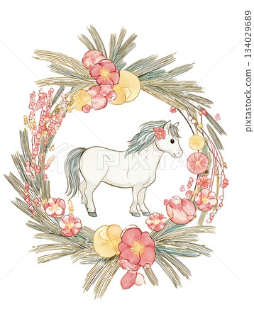 植物水彩花環和小馬插圖 植物水彩花環和小馬插圖 134029689