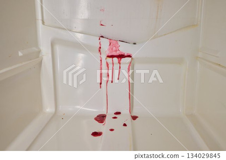 Violent bloodshed in bathroom, Bloodstains detail recent brutal attack, Forensic scene reveals recent violent event with blood and evidence prepared for investigation 134029845