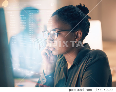 Overlay, programming and coding with a black woman developer thinking while working on a ux, ai or 3d interface. Computer, software and data with a female employee or programmer reading code at work Overlay, programming and coding with a black woman developer thinking while working on a ux, ai or 3d interface. Computer, software and data with a female employee or programmer reading code at work 134030028