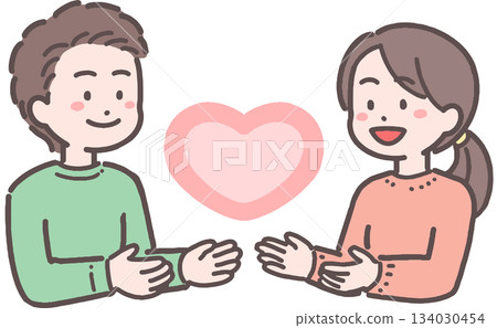 一對年輕夫婦面對著一顆心的插圖 134030454