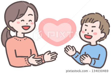 一幅描繪年輕女子和男孩面對一顆心的插圖 134030469