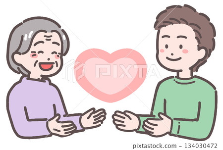 一位老婦人和一位年輕男子麵對著一顆心的插圖 134030472