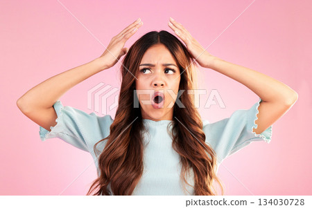 Wow, confused and woman in studio surprised, omg and mind blown gesture on pink background. Wtf, shocked and open mouth by girl shocked, puzzled or with doubt emoji, decision or choice while isolated 134030728
