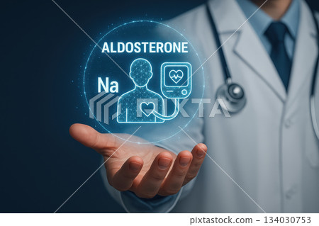 Medical professional holds holographic display showing aldosterone and sodium, symbolizing connection between hormones and heart health. This emphasizes importance of medical knowledge 134030753