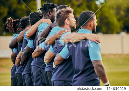 Rugby, team and sports with a group of men outdoor, standing together on a field before a competitive game. Collaboration, fitness and focus with teammates ready for sport at a stadium event 134030929
