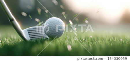 Golf club strikes white golf ball on lush green grass surface, capturing moment of impact with flying grass blades. scene evokes excitement and precision in sport of golf 134030939
