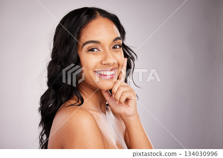 Hair, happy woman and beauty with portrait, cosmetics and hairstyle on studio background. Wellness, shine and female smile, face and cosmetic care, keratin treatment and texture, volume and mockup Hair, happy woman and beauty with portrait, cosmetics and hairstyle on studio background. Wellness, shine and female smile, face and cosmetic care, keratin treatment and texture, volume and mockup 134030996