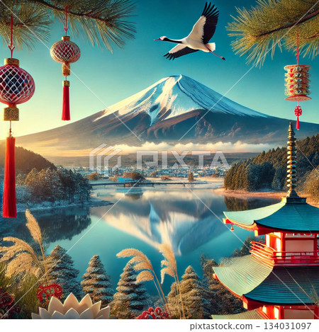 清晨的富士山倒映在湖面上 134031097