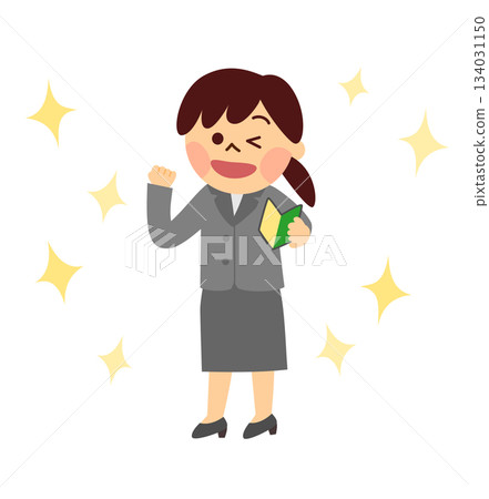 A woman in a suit holding a beginner's mark 134031150
