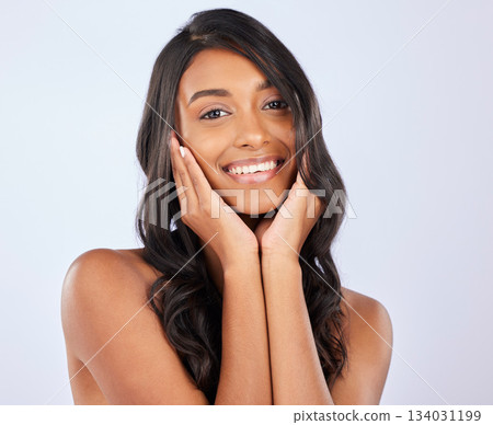 Woman, portrait smile and curly haircare for salon treatment, keratin or glow against a white studio background. Happy isolated female model smiling for healthy hairstyle, hair or beauty cosmetics Woman, portrait smile and curly haircare for salon treatment, keratin or glow against a white studio background. Happy isolated female model smiling for healthy hairstyle, hair or beauty cosmetics 134031199