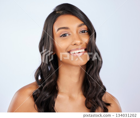 Woman, portrait smile and curly hair for salon treatment, keratin or glow against a white studio background. Happy isolated female model smiling for healthy hairstyle, haircare or beauty cosmetics Woman, portrait smile and curly hair for salon treatment, keratin or glow against a white studio background. Happy isolated female model smiling for healthy hairstyle, haircare or beauty cosmetics 134031202