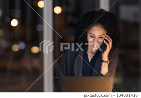 Phone call, night and laptop with business woman in office for leadership, overtime and management. Technology, vision and communication with black woman for corporate, planning and global networking Phone call, night and laptop with business woman in office for leadership, overtime and management. Technology, vision and communication with black woman for corporate, planning and global networking 134031430