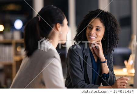 Night, office and business meeting women with teamwork, collaboration and brainstorming global marketing ideas for client negotiation. Corporate employees in dark workplace for strategy communication 134031434