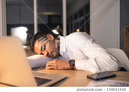 Work fatigue, business man and sleeping office employee feeling burnout from night deadline. Sleep of a digital finance worker working late on a computer with technology tired of online fintech work Work fatigue, business man and sleeping office employee feeling burnout from night deadline. Sleep of a digital finance worker working late on a computer with technology tired of online fintech work 134031436