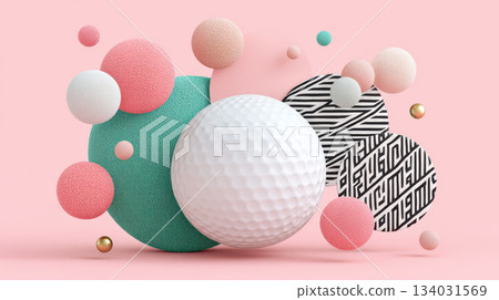 Vibrant golf banner showcases dynamic background filled with colorful spheres and patterns, creating engaging visual experience that captures essence of sport 134031569