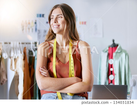 Fashion studio, design woman and small business owner with tape measure to tailor textile fabric, luxury clothes or outfit. Confident creative designer with startup vision, mission and workshop goals Fashion studio, design woman and small business owner with tape measure to tailor textile fabric, luxury clothes or outfit. Confident creative designer with startup vision, mission and workshop goals 134031834