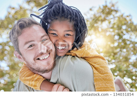 Portrait of father piggy back foster care girl in park for fun, bonding and quality time with love, care and happiness together. Adopted black kid relax with dad, diversity and happy family in garden 134031854