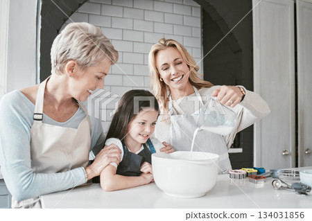 Cooking, learning and family in kitchen with milk jug for food mixing preparation with smile. Happy, wellness and excited child watching mother pouring baker ingredients with grandma in home. 134031856
