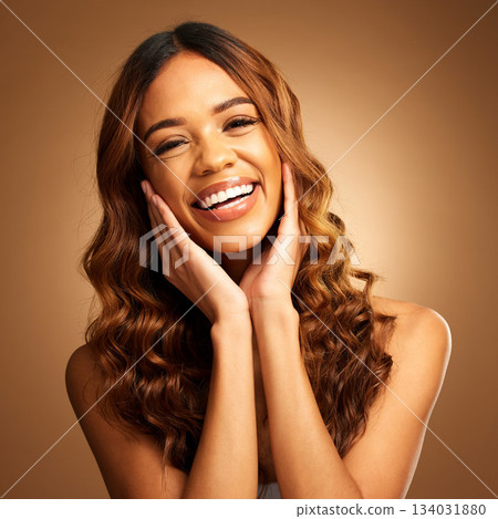 Portrait of woman with smile, skin and haircare with bronze glow and luxury spa treatment on brown background. Beauty, makeup and skincare cosmetics, hispanic model with salon hair style in studio. Portrait of woman with smile, skin and haircare with bronze glow and luxury spa treatment on brown background. Beauty, makeup and skincare cosmetics, hispanic model with salon hair style in studio. 134031880