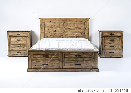 A wooden bed with a white sheet and a wooden headboard 134031906